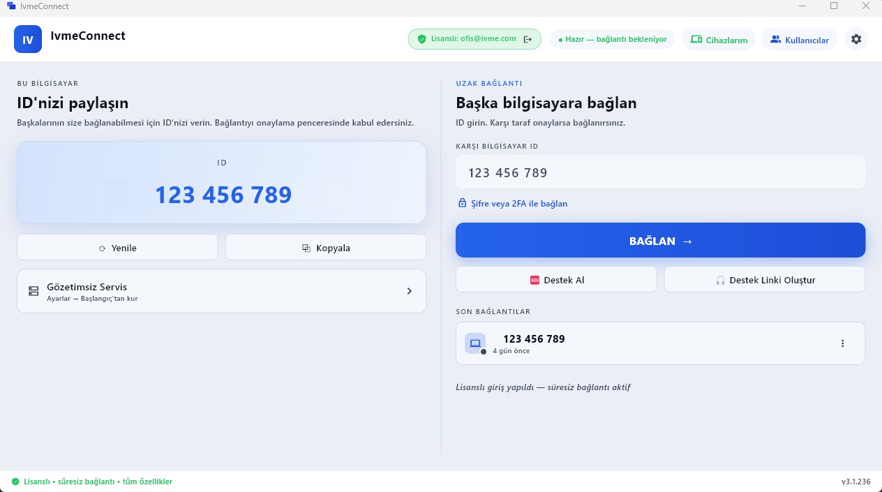 IvmeConnect ana ekranı — solda paylaşılacak dokuz haneli ID, sağda bağlanılacak bilgisayarın ID giriş alanı